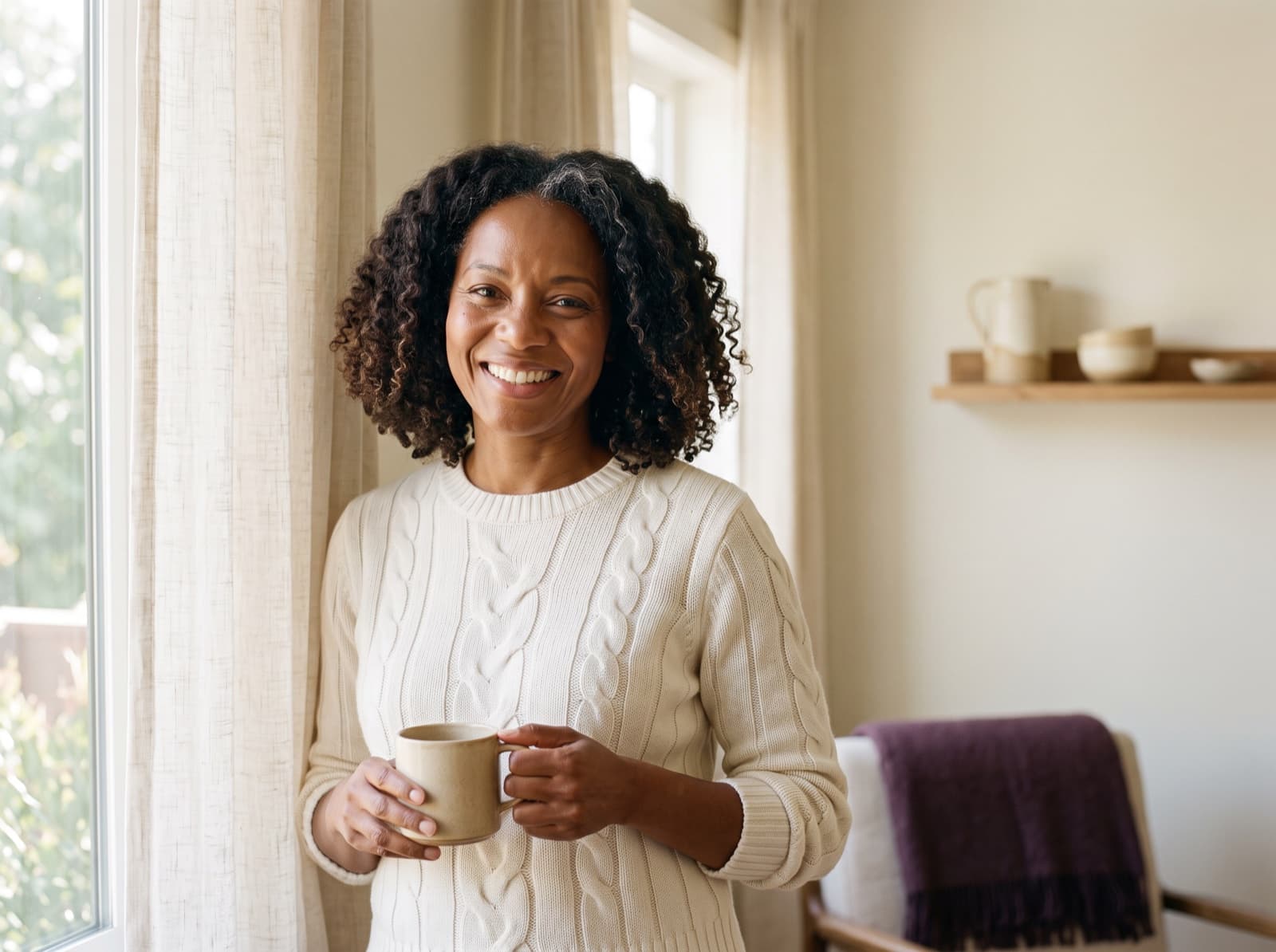 A calm woman in her fifties at home in soft natural light