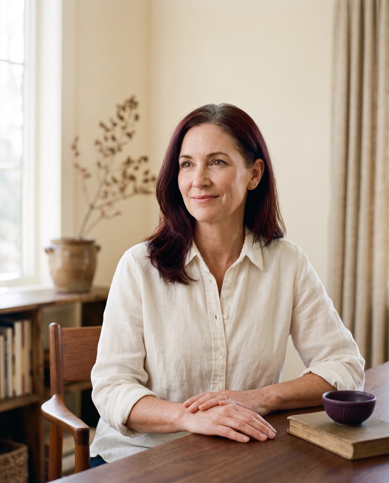 A woman in her late forties in soft natural light