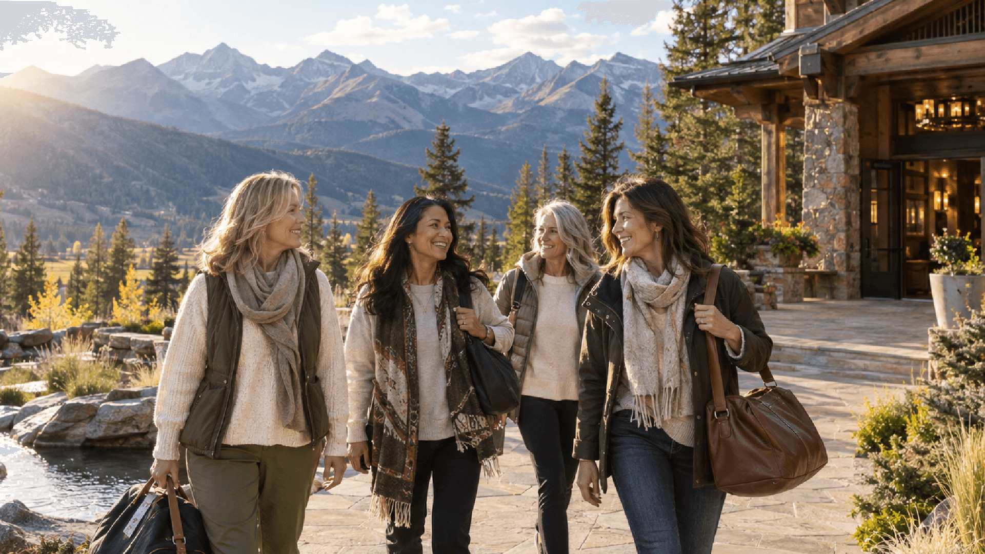 Illustrative image of four women walking outside a mountain lodge.