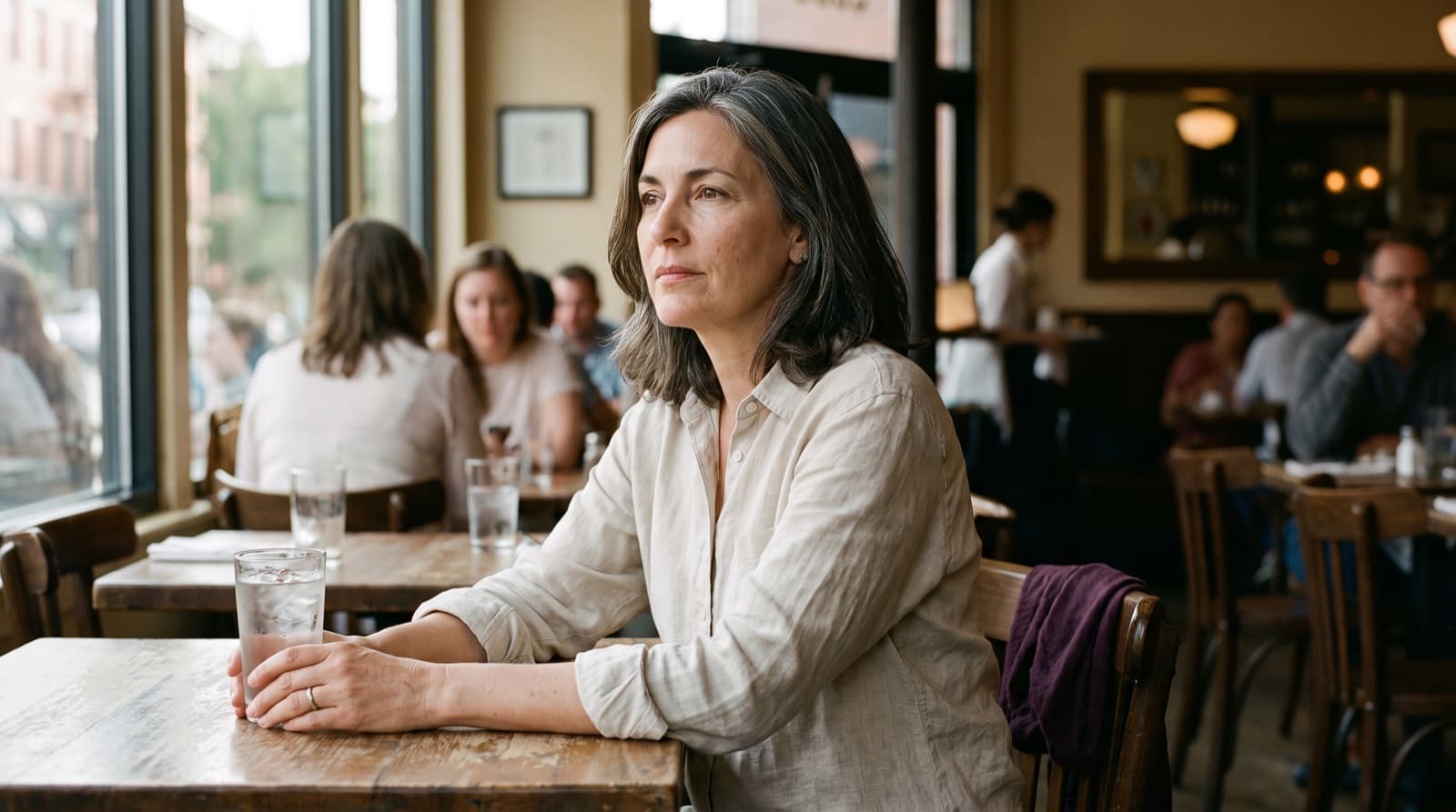 A woman in her late forties sits composed at a restaurant table with a glass of iced water, other diners softly out of focus behind her.