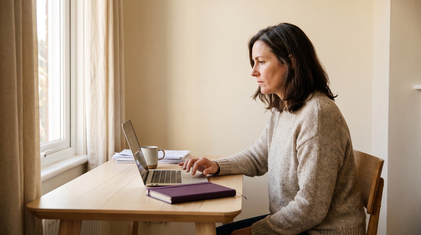 A woman in her early fifties pauses at her desk beside a sunlit window, looking away from her laptop.
